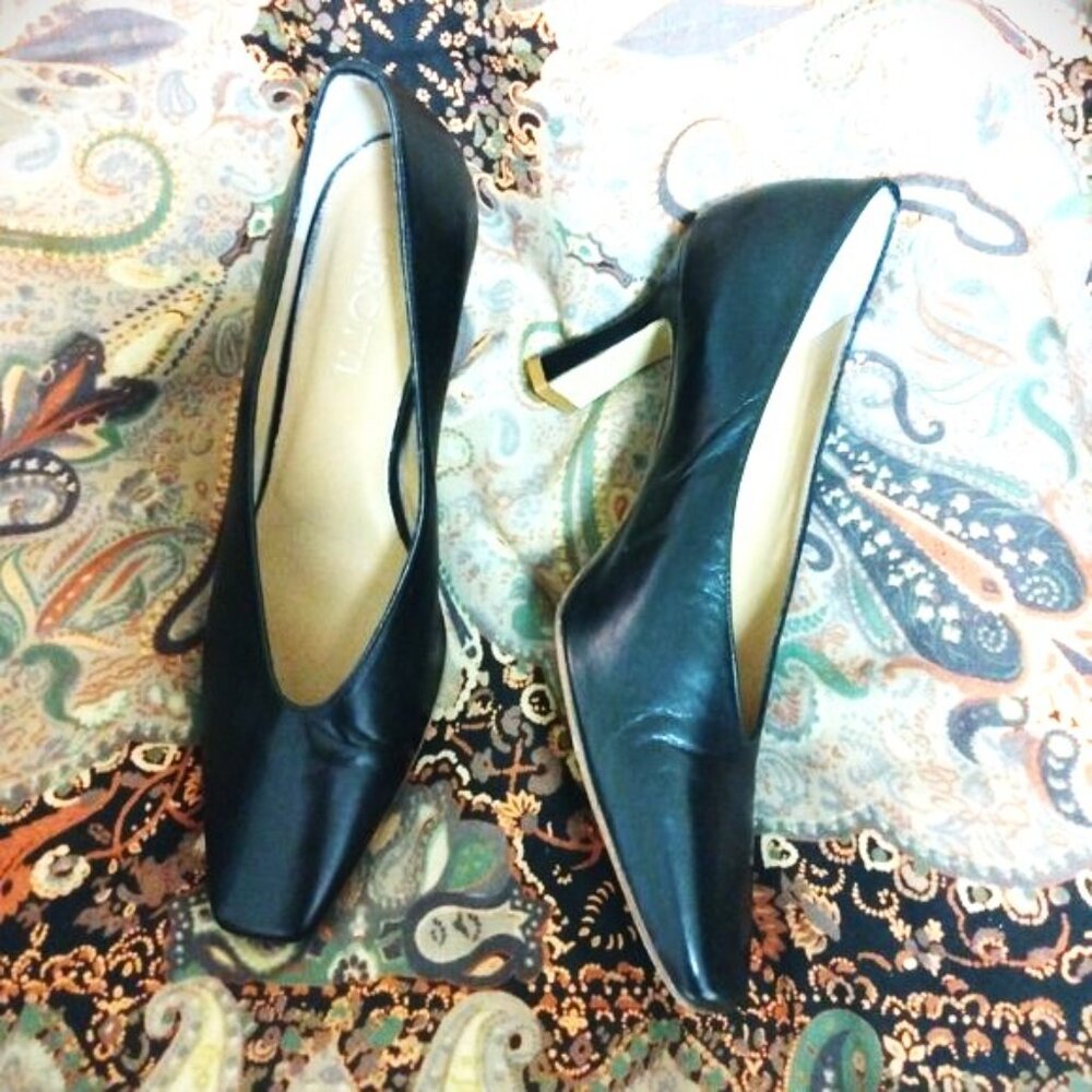 ❤️GIROTTI ITALY Black Leather Square Toe Pumps Shoes Size 39 9